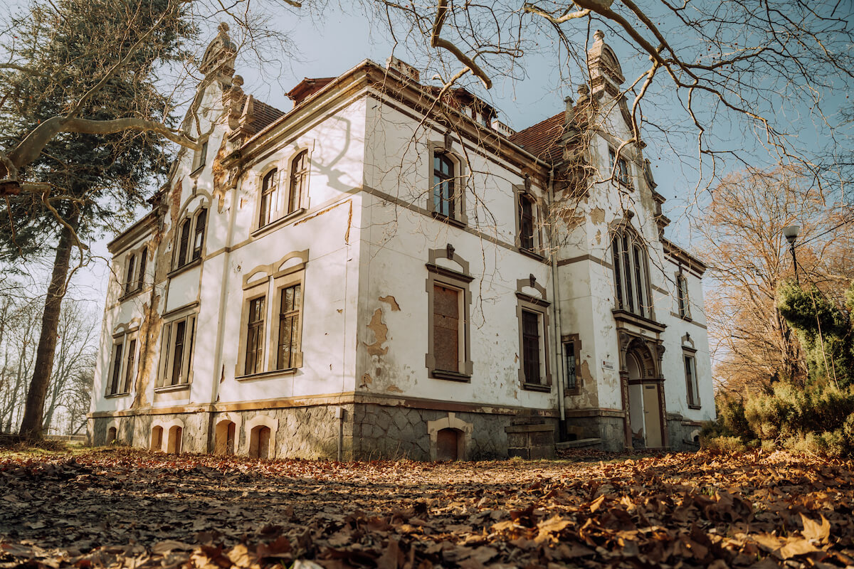 widok na pałac w targoszynie z parku